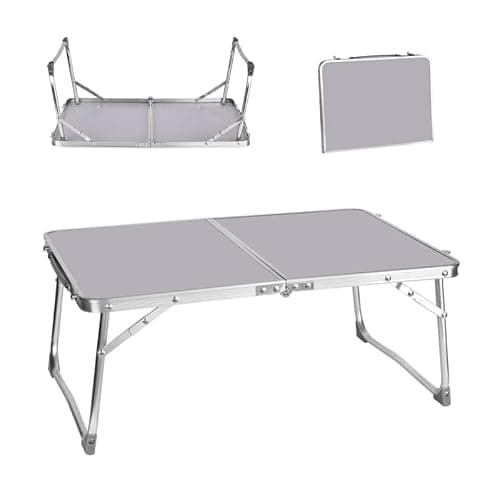 Qimu Low Folding Camping Table,Lightweight Aluminium Picnic Table Laptop Bed Table,Portable Lap Desk, for Picnic/Camping or Eating Breakfast, Reading, Watching Movie on Bed/Couch(White,60cm)
