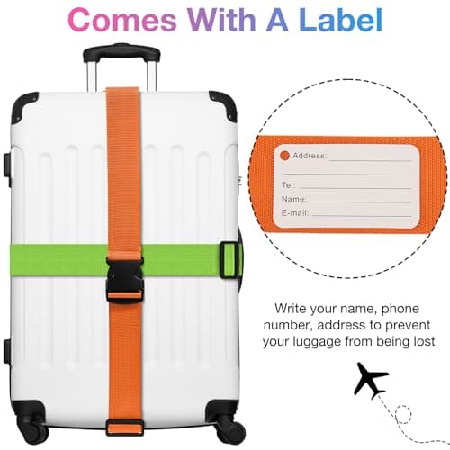 Luggage Straps, 8 Pcs Adjustable Suitcase Straps Belts with 4 Pcs Metal Luggage Tags Heavy Duty Adjustable Suitcase Belts (Green+Orange) — view 3