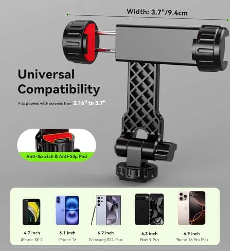 YZNT Phone Tripod Mount, Universal Smartphone Holder with 2 Cold Shoe Mount Adapter and 1/4" Standard Screw Thread, 360°Rotation & 180°Tilt Phone Clamp Compatible with iPhone & Android for Photography — view 5