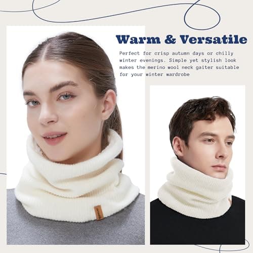 ACUSHLA 100% Merino Wool Neck Gaiter, Lined Winter Neck Warmer, Cream White — view 2