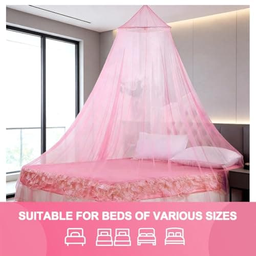 HATFRYF Dome Mosquito Net, Bed Canopy, Dome Canopy Bed Large Hanging, Mosquito Net for Travel&Room Single to Double Universal, Breathable Mesh Effective Anti, Girls Boy Room Decor - Pink — view 3