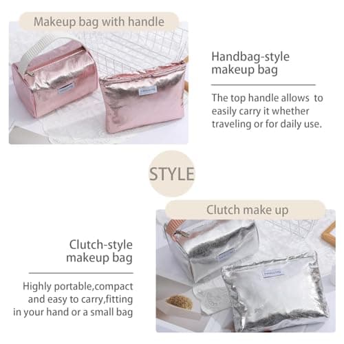Dtweista Glittler Cosmetic Bag for Women Large Capacity PU Make Up Clutch Bag Travel Silver Toiletry Pouch Organizer, Gold, 9.44x7.08x1.18-inch, Modern Metallic — view 6