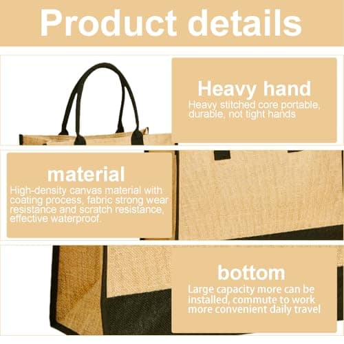 Jute Canvas Tote Bag, Large Capacity Travel, Reusable Shoulder Handbag, Foldable Waterproof Shopping, DIY Jute Beach Tote with Cosmetic Bag for Wedding, Birthday, Holiday, Beach (B1) — view 3