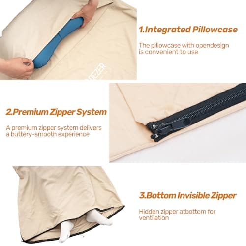 QEZER Sleeping Bag Liner, Ultralight Travel Sheets, Soft & Portable Large Sleeping Bag Liners for Adults silky soft and with a practical zipper easy to store (KHAKI) — view 5