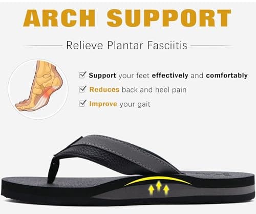 KuaiLu Leather Flip Flops Men Support Thong Sandals Shower Dark Black 9 — view 4
