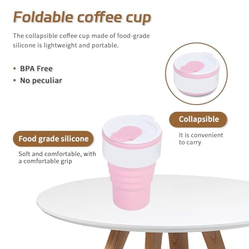 EYQ Collapsible Coffee Cup 375 ml, Silicone Foldable 12oz Coffee Mug, Reusable Tea Cup for Hot Cold Drinks for Office Fitness Gym Outdoor Sports Travel Camping Yoga, Pocket Size (WhitePink) — view 3