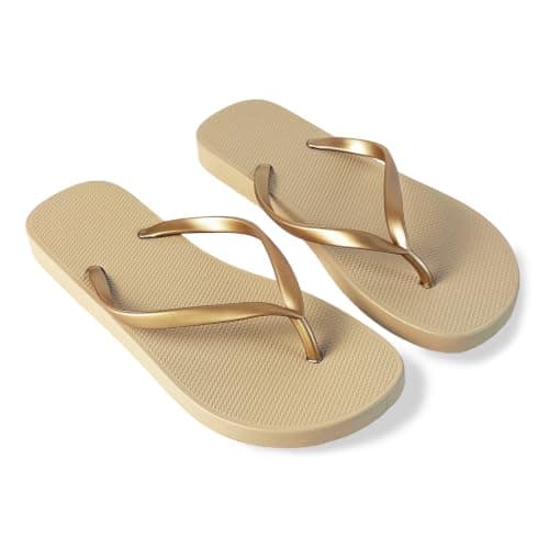 FuncHardwa Comfortable PVC Flip Flops for Women, Non-Slip Women's Flip Flops, Lightweight Thong Sandals for Shower and Swimming(Gold-5/6)