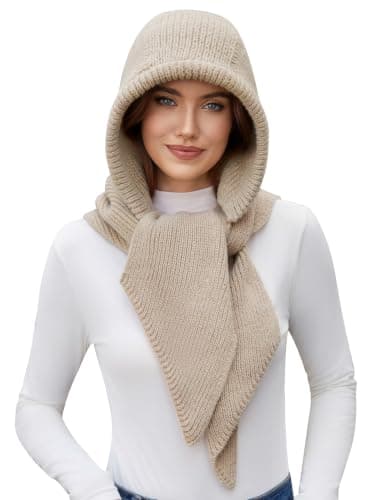 Vijamiy Knitted Hooded Scarf for Women 2-in-1 with Elastic Fit, Khaki
