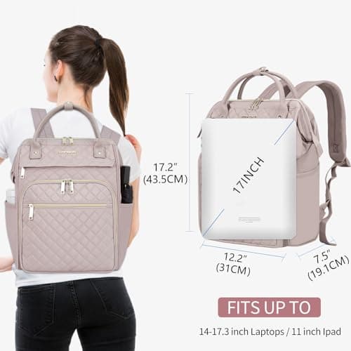 EMPSIGN 17 Inch Large Quilted Laptop Backpack for Women, Dusty Pink — view 2