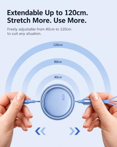 3 in 1 Charging Cable Retractable 100W Fast Charging Cord – USB Multi Charger Cable Compatible with Lightning, Type C & Micro USB, Anti-Tangle Adjustable Cable for iPhone Android Phones (1.2M) — view 3