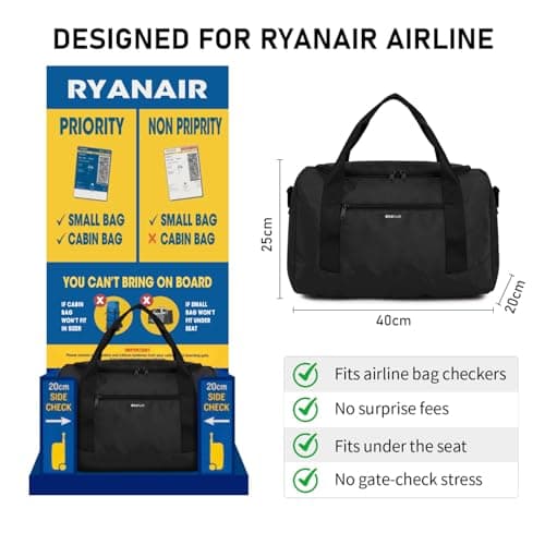 ECOHUB Ryanair Cabin Bag - 40x20x25 Underseat Carry On Bag with Shoulder Strap for Women and Men Weekend & Overnight Travel (Black) — view 2
