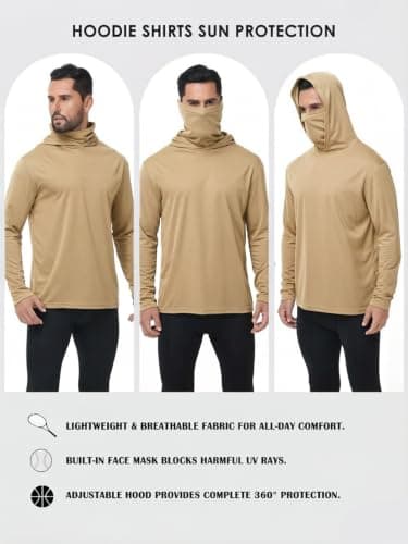 5 Pack Mens Hoodie Shirts Sun Protection Lightweight Quick Dry Rash Guard with Face Mask for Outdoor Fishing Active Wear, 5pc-khaki, Large — view 2