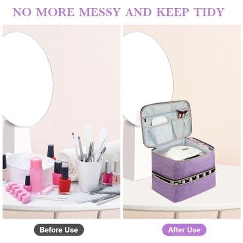 LOPHE Double-Layer Nail Polish Organiser, Double-Layer Travel Bag Storage Bags for 30 Bottles Nail Polish Lipstick and Nail Lamp, Portable Vanity Case with Nail Supplies Storage Sections (Purple) — view 4