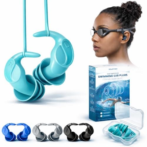 Waterproof Swim Earplugs for Adults - 4 Pairs Waterproof Silicone Ear Plugs with Removable Cord, Two Wearing Styles, Attaches to Goggles, Reusable for Pool, Surfing