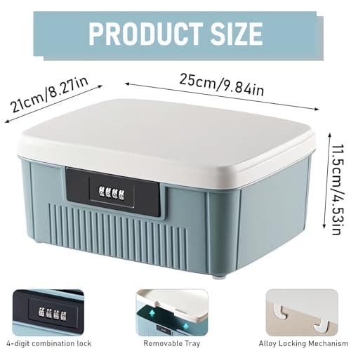 Chiziyixin 2 Layer Medicine Storage Box,Medication Lock Box with 4 Digital Code,Portable Handle,Removable Tray,Lockable Medical Storage Organiser for Home Cabinet School Office 25X21X11.5cm (Blue) — view 2