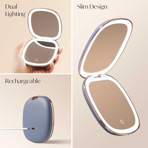 Fancii Mila 2 LED Lighted Compact Makeup Mirror, Rechargeable, 10x /1x Magnifying, Tru-Glow Light System, Vegan Leather, Small Travel Mirror for Purses (Harbor Blue) — view 6