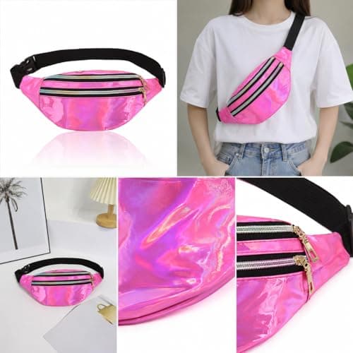 Fashion Metallic Bum Bag,Holographic Waist BagFanny Double Zipper Belt Bag Festival Rave Bumbags Waterproof Hip Pouch for Women Ladies Girls Travel Party Festival Sports Outdoor (Pink) — view 6