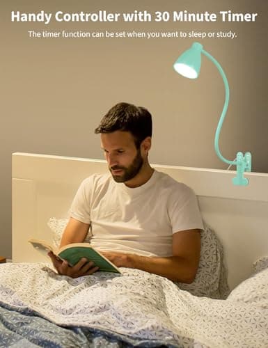 BOHON Desk Lamp with Clamp, 10W 38 LED Clip on Light, 3 Color 10 Brightness Auto Off Timer, Flexible Gooseneck Clip Lamp, Desk Lights for Office Home Bed Bedside Reading, Adapter Include, Teal — view 4