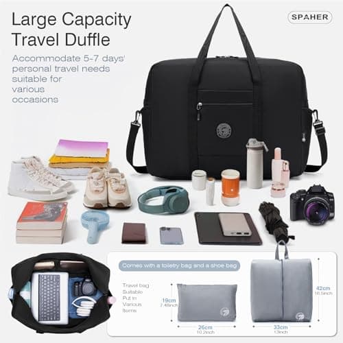 SPAHER Large Cabin Bag 55x40x23 Lufthansa Wizzair Foldable Travel Duffle Bag 50L Carry-on Hand Luggage Lightweight Airport Holdall Tote Overnight Weekend Suitcase Bag Waterproof Handbag Women Men — view 3