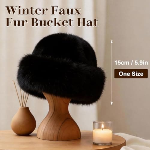 Faux Fur Bucket Hat for Women, Russian Style Winter Fluffy Fuzzy Ladies Hats Travel Hiking Work Home, Chapeau Fourrure Femme Winter Fashion Gift (Black) — view 2
