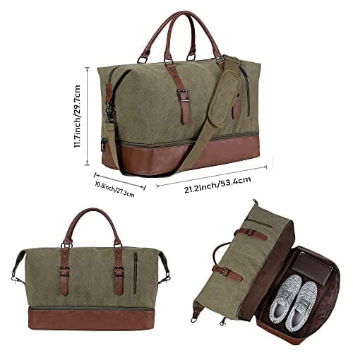 Travel Bag with Shoe Pouch,Weekender Overnight Bag Canvas PU Leather Large Carry On Bag Travel Tote Duffel Bag for Men or Women,Green — view 3