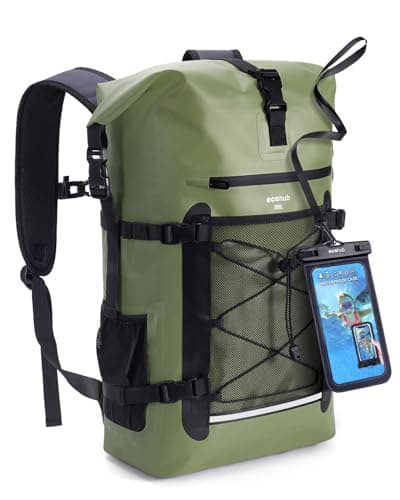 ECOHUB Waterproof Dry Bag Backpack, Roll Top Closure Heavy Duty Waterproof Backpack, Dry Bag Rucksack with IPX8 Waterproof Phone Case for Hiking, Kayaking, Boating, Camping, Fishing, 30L-Green