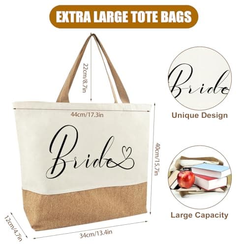 Tarklanda Bride Canvas Jute Tote Bag, Bridal Shower Wedding Bachelorette Bride Gifts Shoulder Bag, Shopping Bags for Wedding Day Engagement Proposal Hen Party Suitable for Travel Picnic Beach Holiday — view 4