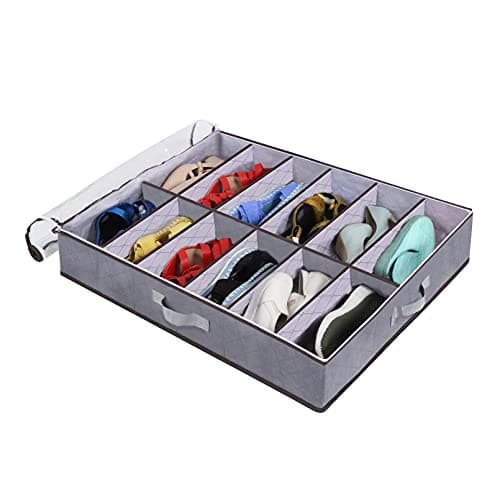 Nwvuop 2 Pack Under Bed Shoe Storage Organiser Box with Clear Lid Foldable Under Bed Shoes Bag, Fits 24 Pairs Grey — view 4