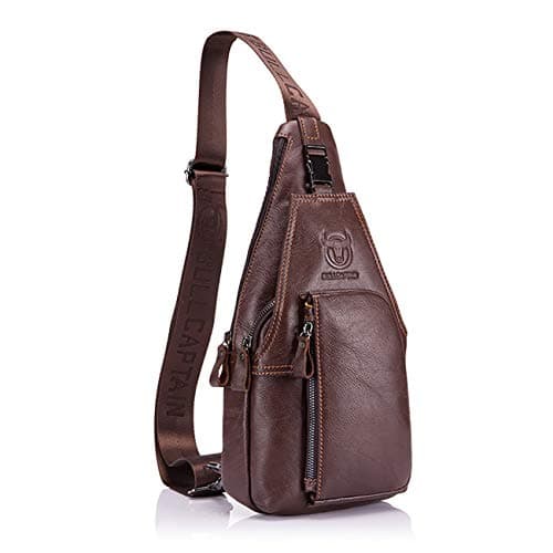 BULLCAPTAIN Men Chest Bag Genuine Leather Crossbody Shoulder Bag Sling Bags Backpack Messenger Bag Daypack For Business Casual Sport Hiking Travel Brown