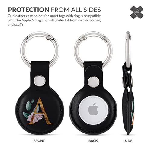 Tirita Personalised Case Keyring Holder Compatible with Apple AirTag 1 & 2 - Leather Case with Key Ring for Apple Air Tag [08- Gold Monogram Roses on Black] — view 3