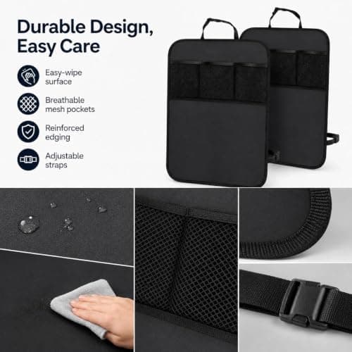 Plumaire 2 Pcs Car Seat Back Protector Set, 60 x 45 cm Rear Seat Protector with Support Cushion, 3 Storage Mesh Pockets and Adjustable Straps, Waterproof and Stain-Resistant (Black) — view 6