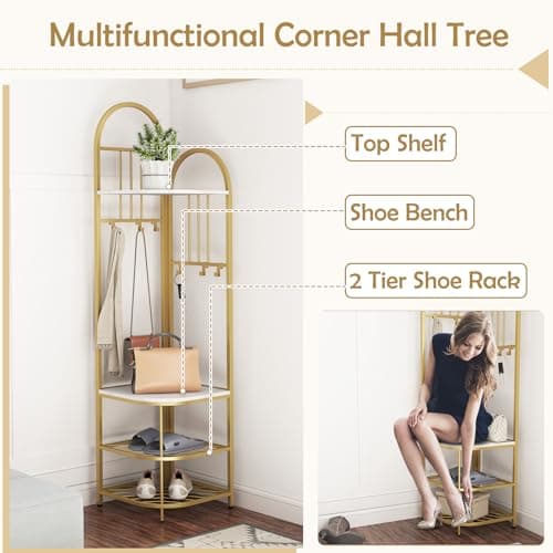 COSTWAY Corner Coat Rack Stand, 4-Tier Freestanding Hall Tree with Shoe Bench, Storage Shelves & 6 Hooks, Metal Frame Garment Rack Clothes Hanger Organiser for Hallway Bedroom (White + Gold) — view 2