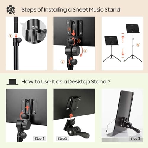 Walgreen Xample Black Sheet Music Stand Foldable Travel Metal Stand Adjustable DMS-1 with Carrying Bag, Sheet Music Folder, Clip Holder and Rotating Lights, Portable Projector Stand, Laptop Stand — view 5