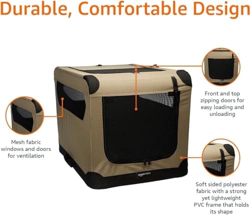 Amazon Basics 2-Doors Portable Soft-Sided Folding Travel Crate Kennel for cat, dog, and other small animals, Tan, L 91 cm x 61 cm x 61 cm — view 5
