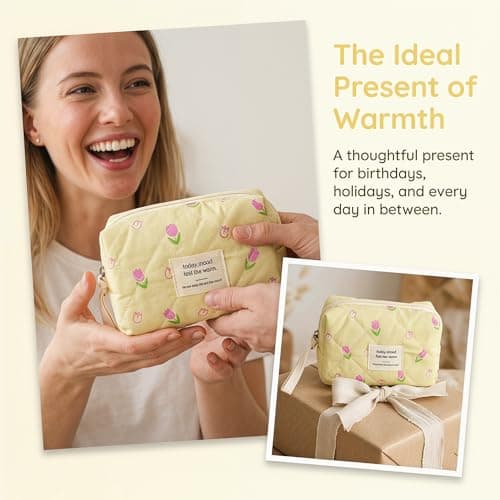 Makeup Bag for Women, Cute Coquette Quilted Cosmetics Make Up Organiser, Portable Travel Brushes Wash Storage, Toiletry Skin Care Pouch Aesthetic Cotton Case, Small Pink Floral (Yellow) — view 4