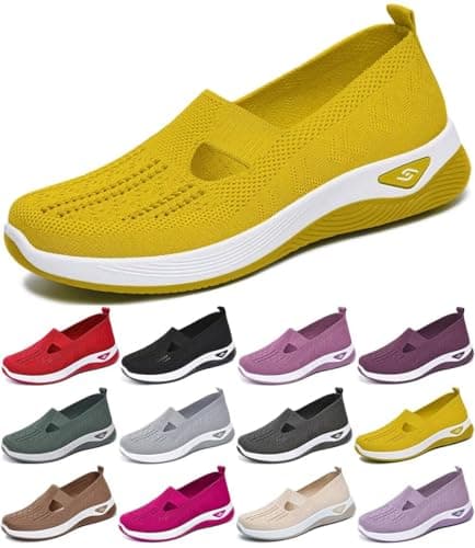 Women's Orthopedic Mesh Walking Shoes Athletic Sport Running Sneakers Slip-on Cozy Breathable UK Size 9 Yellow — view 3