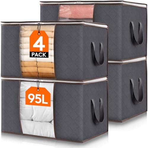 Lifewit 95L Clothes Storage Bags, Foldable Storage Box Moving Bags Wardrobe Storage Organiser Packing Boxes for Moving House with Clear Window for Clothing Bedding Blankets, Grey, 4 Pack