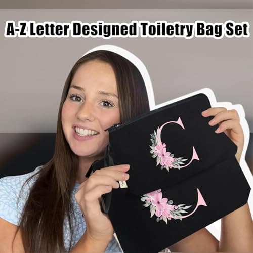 Vavabox 2Pcs Initial Toiletry Bags Set Birthday Gifts for Women (C, Black) — view 6