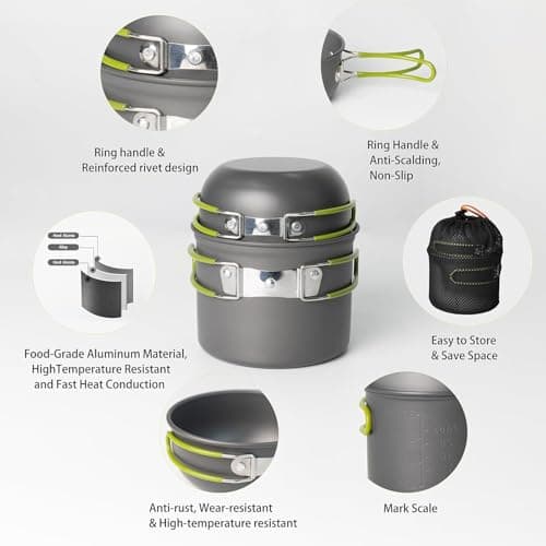Camping Cooking Set for 1-2 Person, Non-Stick Aluminum Pot and Pan Lightweight Backpacking Cookware Kit with Foldable Utensils for Outdoor Hiking Trekking Traveling Picnic — view 6