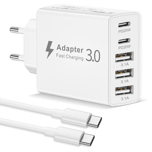 EU Travel Adapter Charger, 50W European Plug Adapter Fast Charger with 2 USB C&3 USB A, European Wall Adaptor EU Adaptor USB Plug Fast Charging with 1M USB C Cable for iPhone 17 16 15, iPad, Samsung