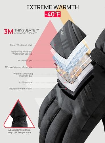 TRENDOUX Waterproof Gloves, Ski Wind proof Thermal Winter Gloves Mens Ladies, Thick Gloves Uk Snow Fleece liner, 3M Thinsulate insulated Phone Gloves for Hiking Driving Sports Football - Black M — view 2