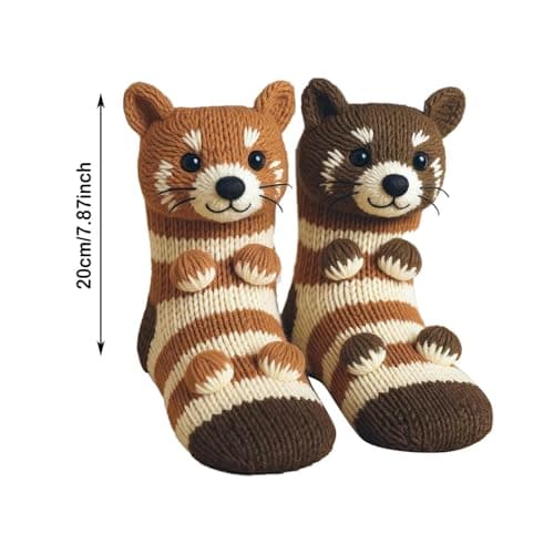Raccoon Brown 3D Knit Animal Socks 2026 New Novelty Floor Sock for Christmas Cute Hand Crochet Winter Warm socks Adults Breathable Black White Crocheted Stockings Wine Orange Blue Anti Sweat Design — view 5
