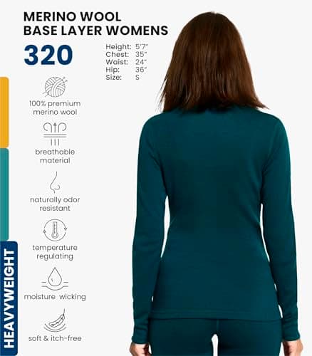100% Merino Wool Base Layer Womens - Long Sleeve Thermal Shirts + Socks (Medium, 320 Deep Teal) — view 2