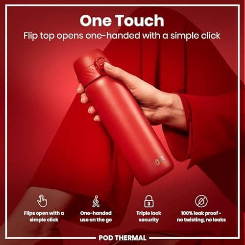 Ion8 Vacuum Insulated Steel Water Bottle, 320 ml/11 oz, Leak Proof, Easy to Open, Secure Lock, Dishwasher Safe, Carry Handle, Metal Water Bottle, ThermoShield Stainless Steel, Red — view 3