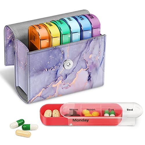 FINPAC Weekly Pill Box 4 Times A Day with PU Leather Case, 7 Day Tablet Organiser, Slide Open Travel Medicine Storage Box with Name Card, for Holding Supplements, Medication, Vitamins and Fish Oils,