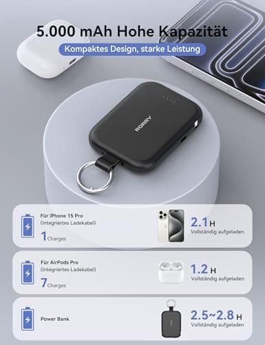 RORRY Portable Charger 5000mAh Power Bank with Built-in 2 Cables - Black — view 5