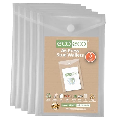 eco-eco A6 50% Recycled Clear Transparent Portrait Press Stud Popper Wallet, Plastic Folders 180x120mm (Pack of 5), 200mic, eco159