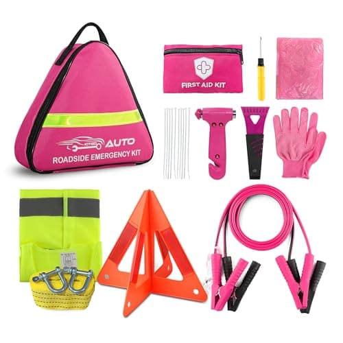 Pink Car Emergency Kit for Women & Girls, Emergency Roadside Assistance Set with Jumper Cables, First Aid Kit, Safety Hammer, Tow Rope and Stylish Pink Car Tools