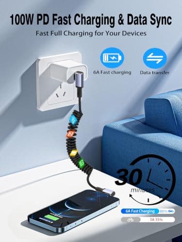 YACSEJAO USB C Coiled Cable 90 Degree 100W Fast Charging Retractable — view 4