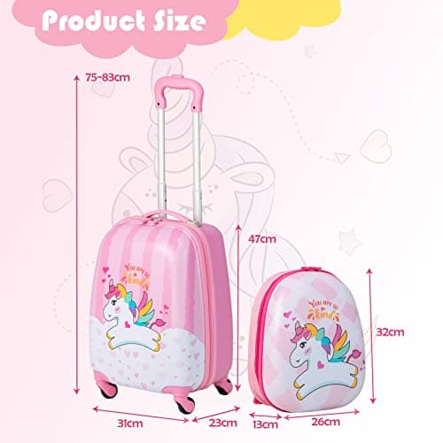 Maxmass 2PCS Kids Luggage Set, Hard Shell Children Trolley Case with 4 Universal Wheels, Girls Boys Suitcase and Backpack Set for Travel (Pink Unicorn, 12"+16") — view 6